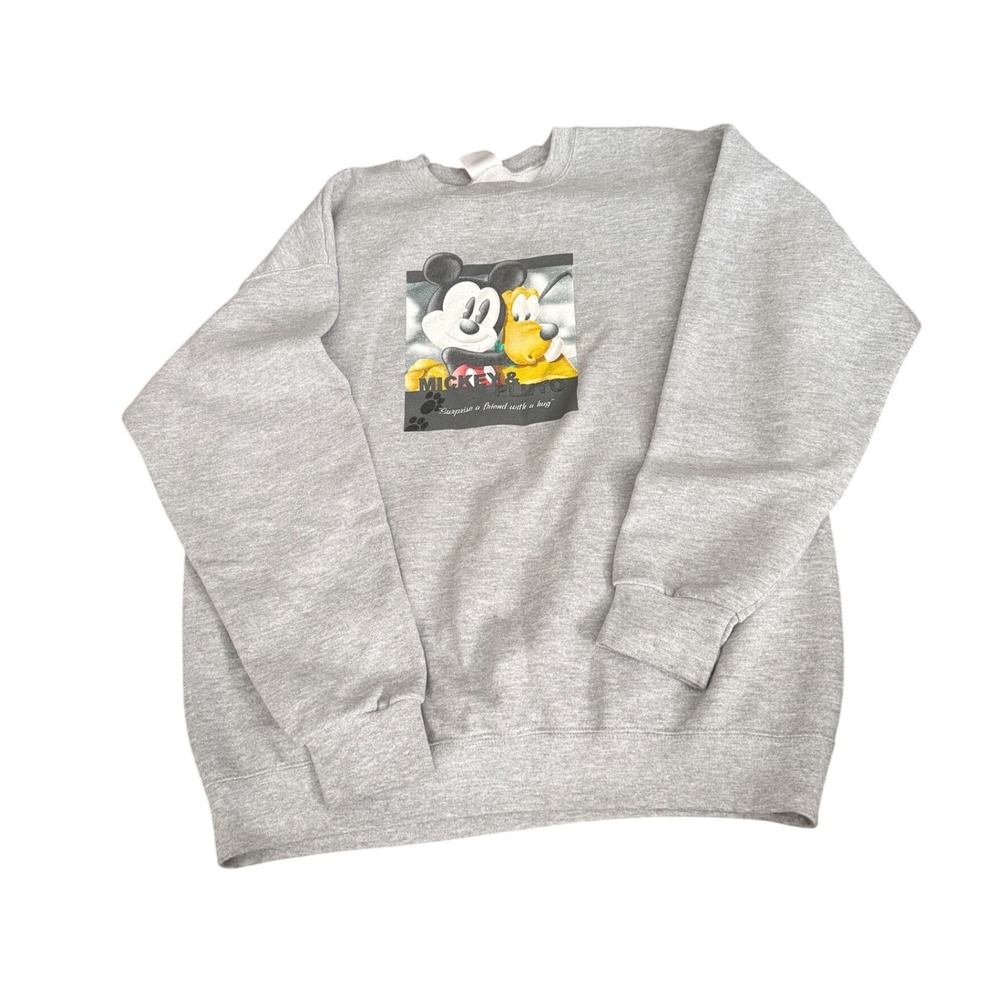 Disney Store Mickey Mouse and Pluto Sweatshirt Crewneck Gray Adult L